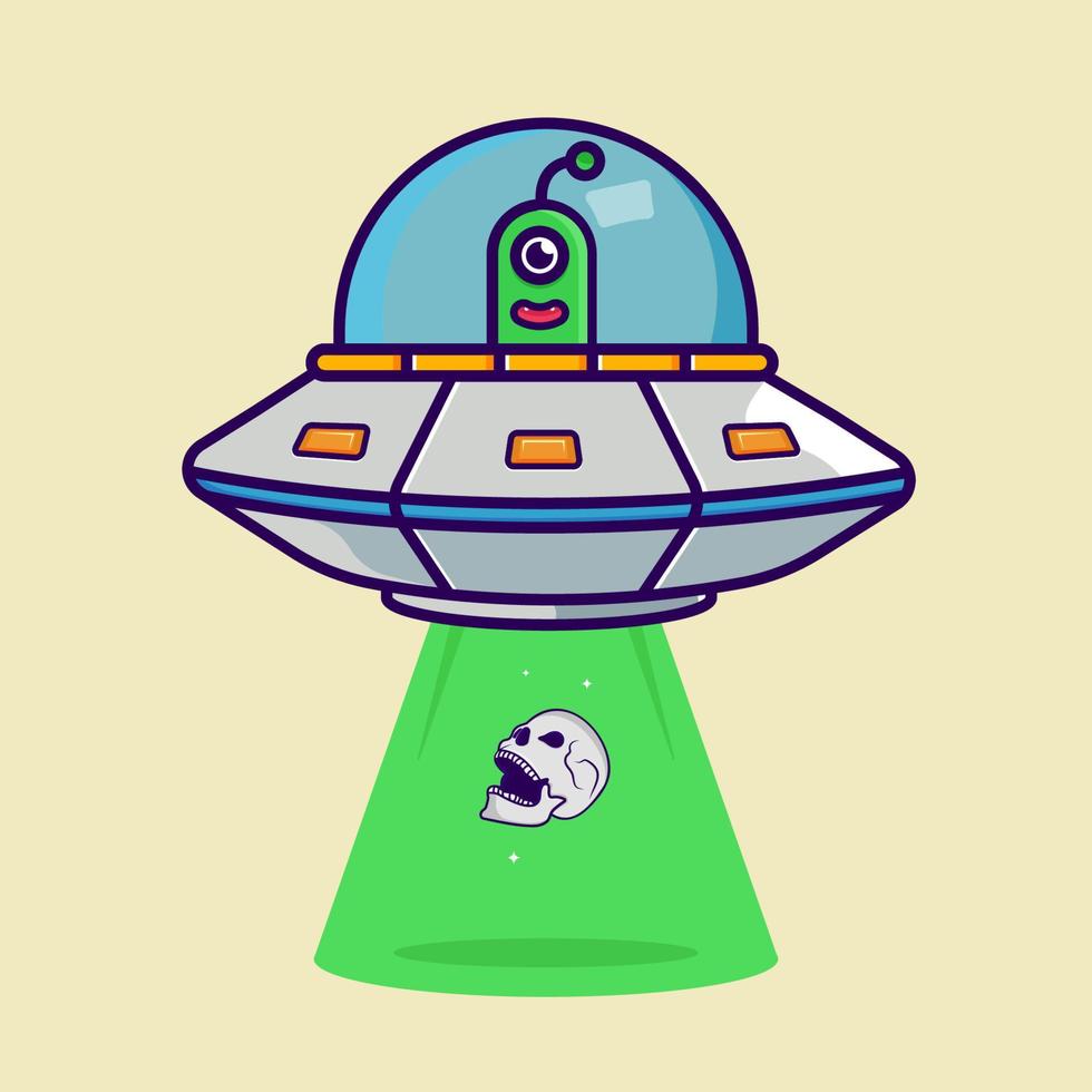 cute ufo take skull vector