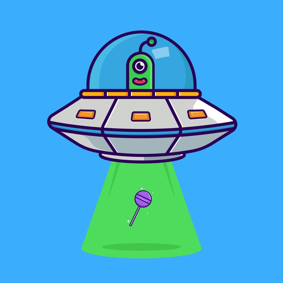 cute ufo picking up lollipop vector