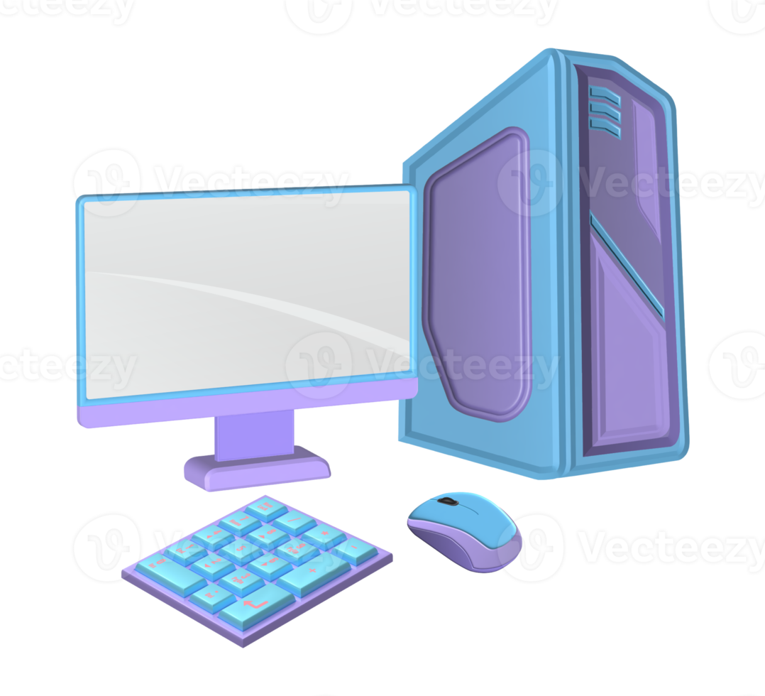 Realistic PC Set 3D Rendered, Monitor, CPU Cashing, Keyboard, Mouse png