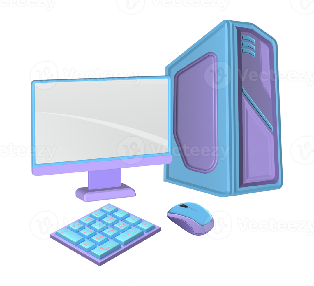 realistisk pc uppsättning 3d återges, övervaka, cpu inkassering, tangentbord, mus png