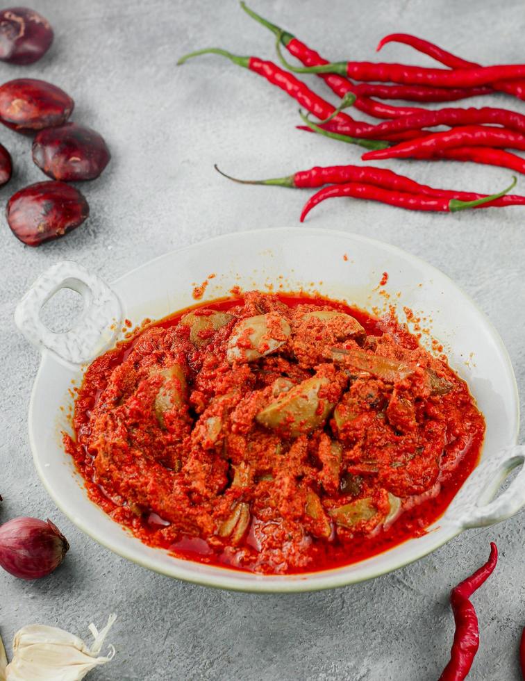 hecho de chiles y cebollas, luego se les da anchoas o trozos de petai o jengkol. cuando se revuelve, el sambal tiene un sabor delicioso foto