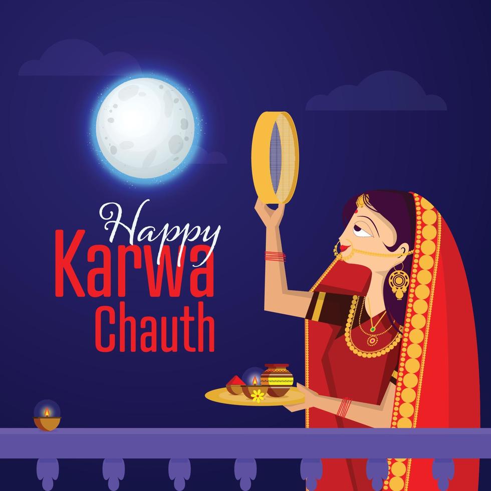 ilustración de una mujer india que realiza el ritual hindú del festival casado de karwa cahuth mirando la luna a través del tamiz vector