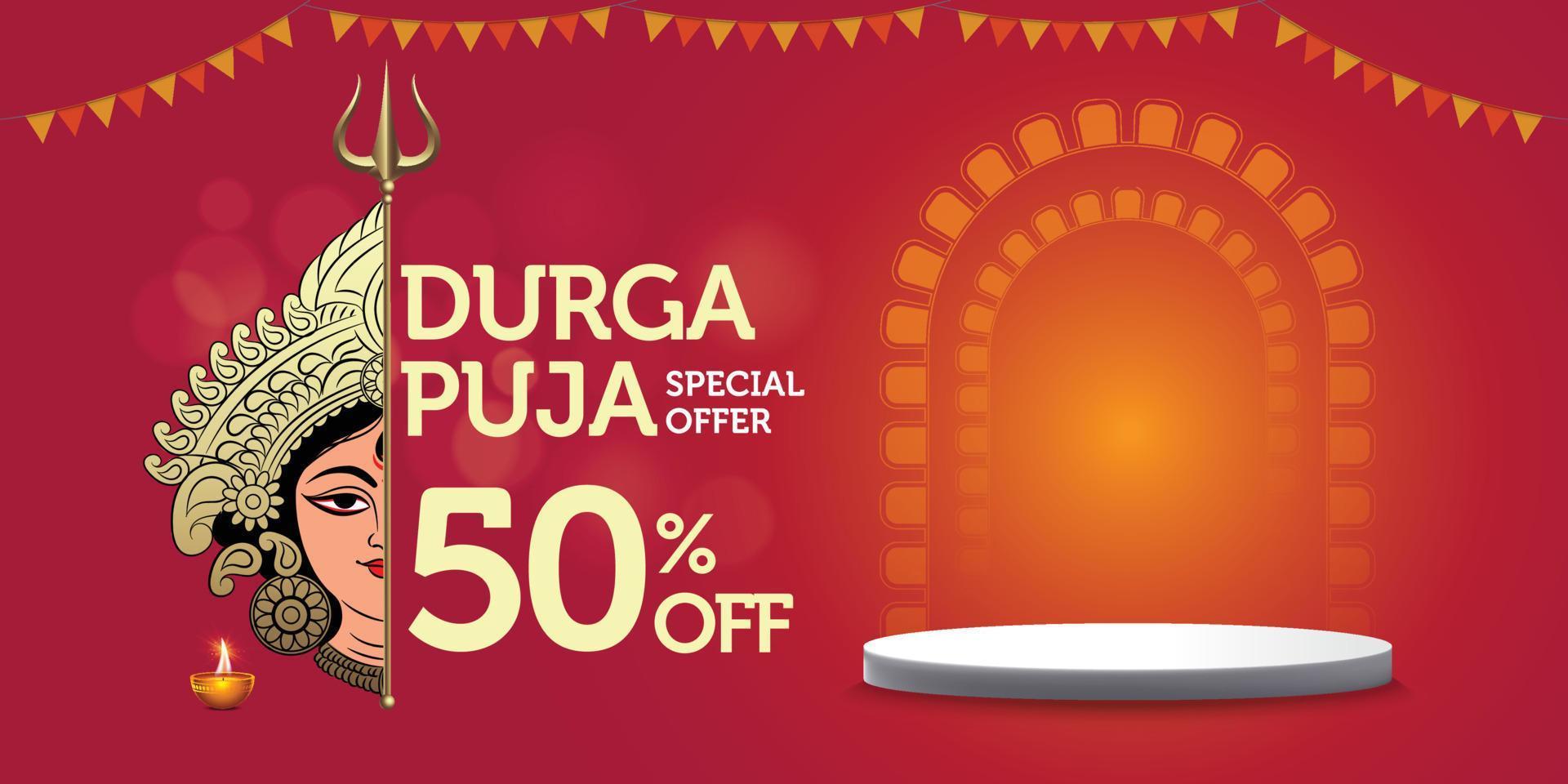 plantilla de banner de oferta especial de venta de feliz durga puja con elementos festivos vector