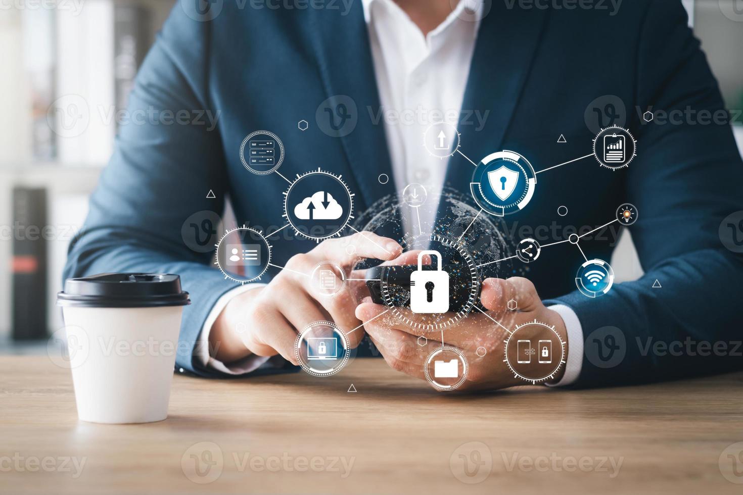 Cybersecurity and privacy concepts to protect data. Lock icon and internet network security technology. Businessmen protecting personal data on smartphone and virtual interfaces. photo