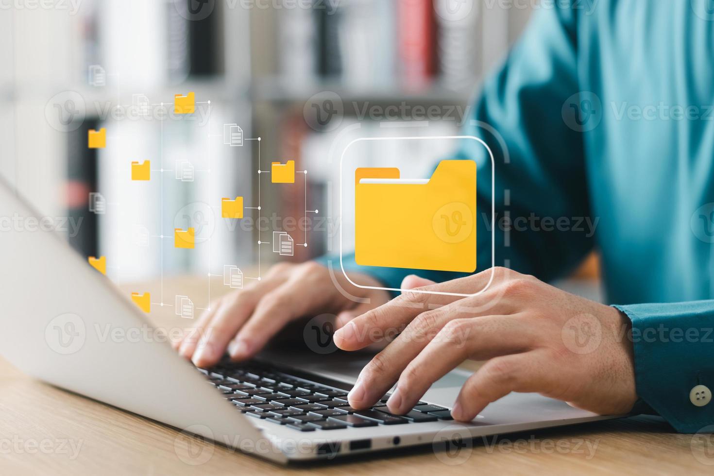 Document management system concept, business man holding folder and document icon software, searching and managing files online document database, for efficient archiving and company data. photo