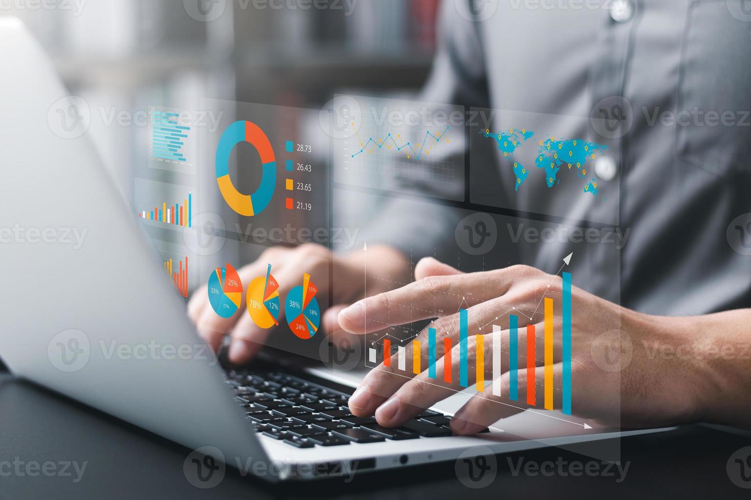 Businessman analyzing company's financial balance sheet working with digital augmented reality graphics. Businessman calculates financial data for long-term investment. photo