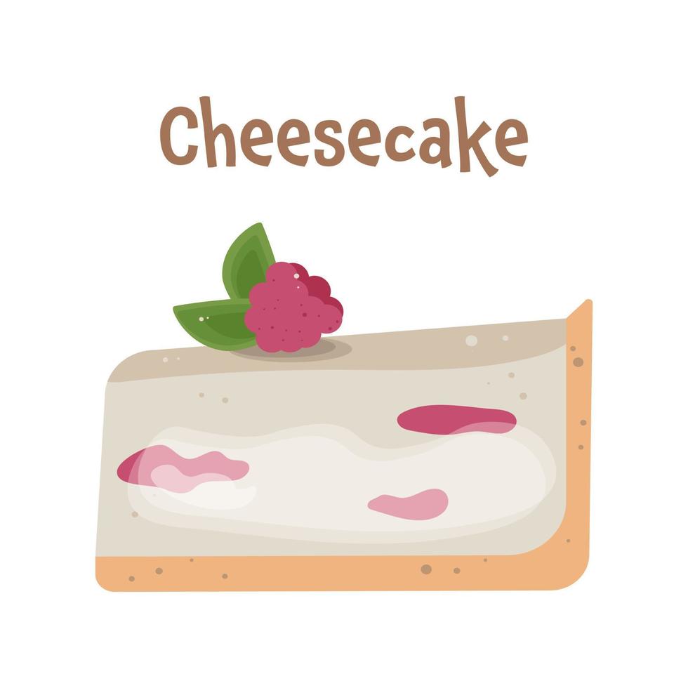 tarta de queso con frambuesa, trozo de tarta de postre. ilustración de icono de vector de pastelería realista.