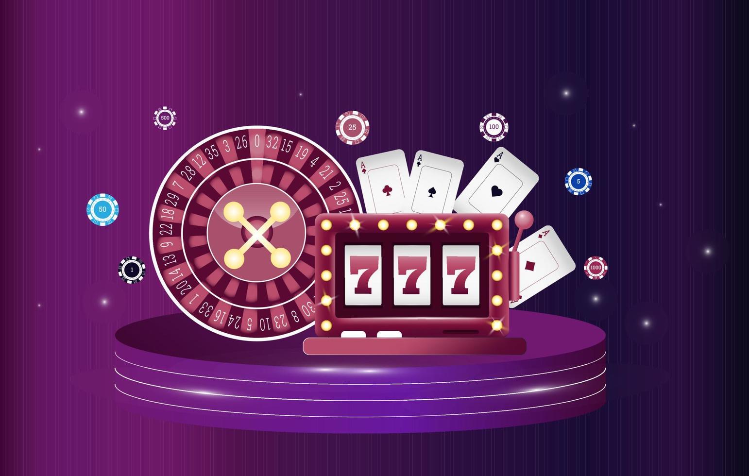 cubierta de casino 3d, máquinas tragamonedas y ruleta con cartas, arte de fondo de escena. ilustración vectorial vector