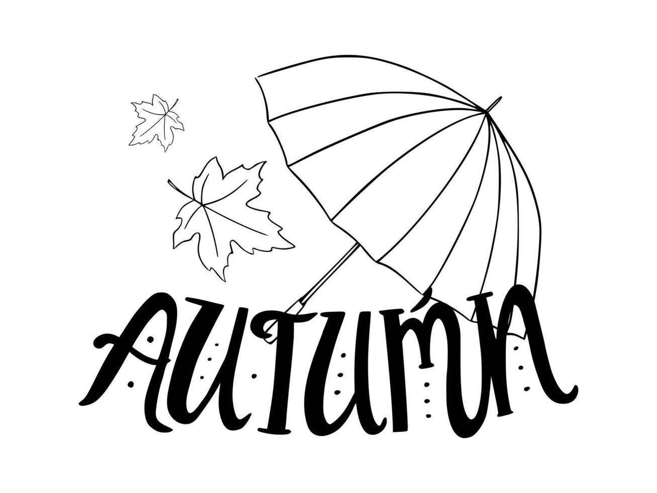 Lettering autumn with an umbrella, isolated on a white background. Black and white vector illustration of handwritten text