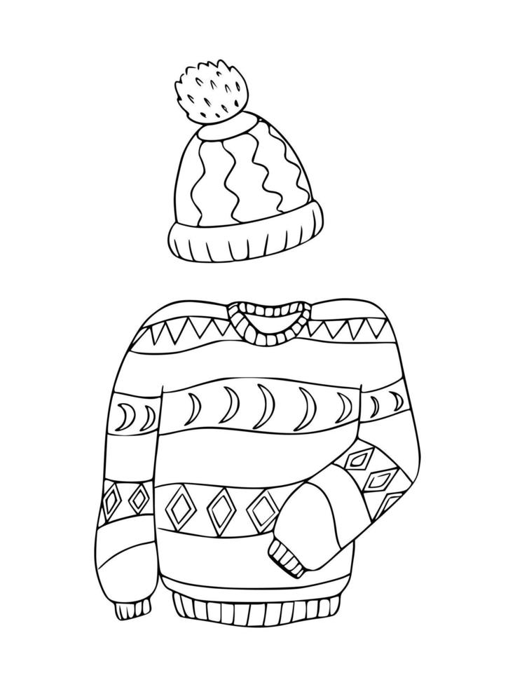 Sweater and cap with pompom vector illustration in doodle style.