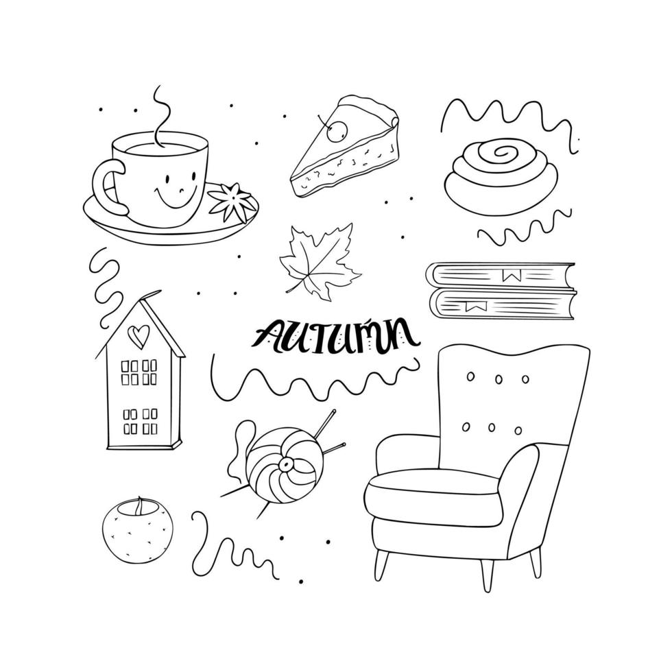 A cozy fall set of items for the home. Vector black and white illustration of a chair, lamps, knitting, tea, sweets and books drawn in doodle style