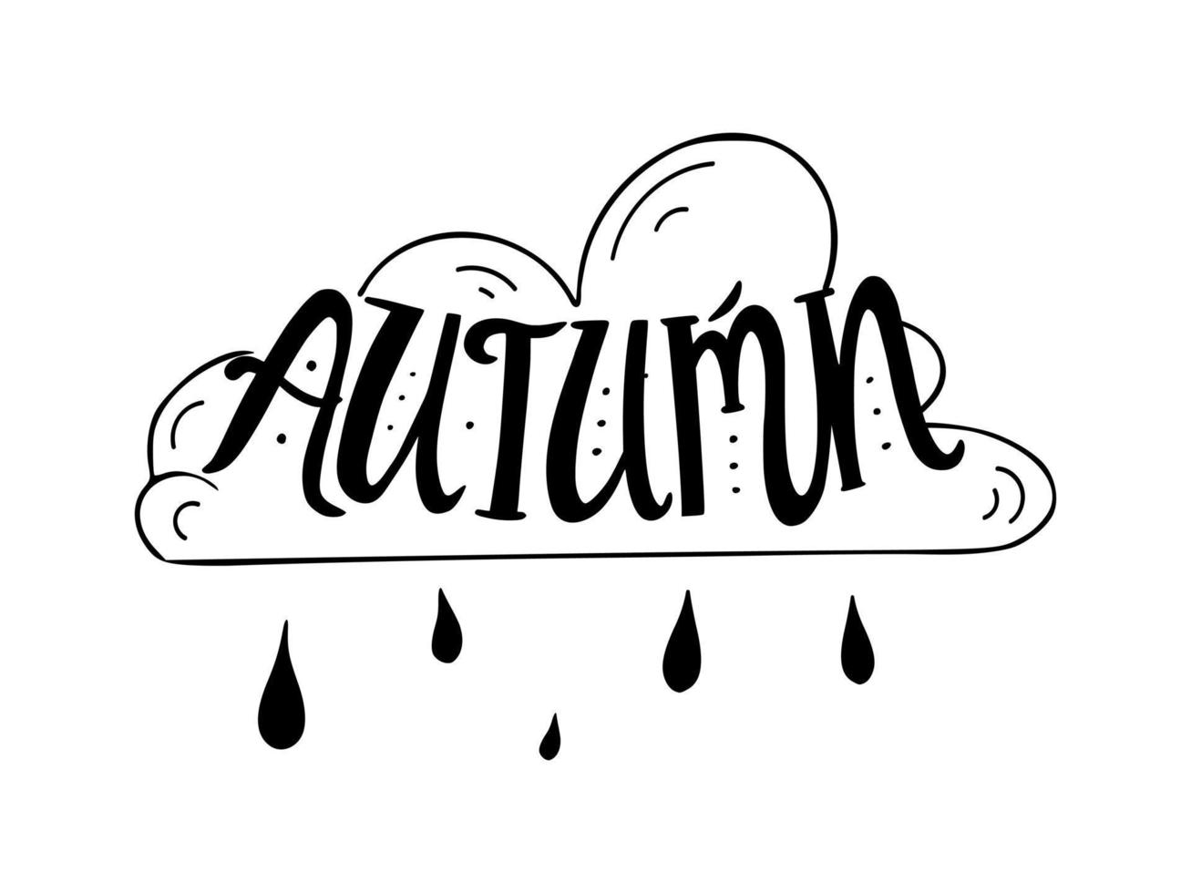Autumn lettering, isolated on a white background. Vector doodle illustration of clouds, rain and hand drawn word