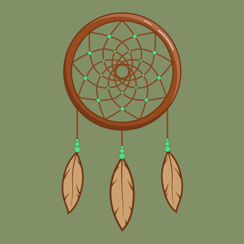 Dream catcher with feathers in cartoon flat style on green background vector