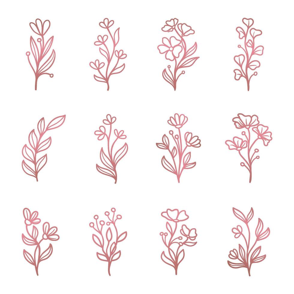 Feminine pink floral element ornament set template gold vector