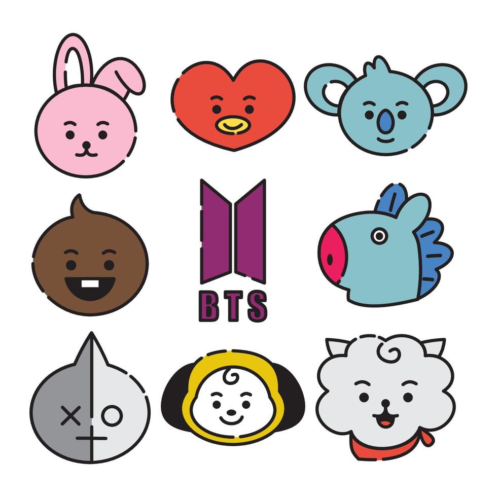 conjunto de iconos bt21 carácter. una caricatura de cara linda. adecuado para papel tapiz de teléfonos inteligentes, impresiones, afiches, volantes, tarjetas de felicitación, etc. vector