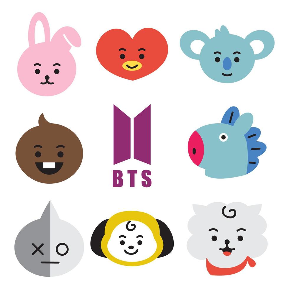 conjunto de iconos bt21 carácter. una caricatura de cara linda. adecuado para papel tapiz de teléfonos inteligentes, impresiones, afiches, volantes, tarjetas de felicitación, etc. vector