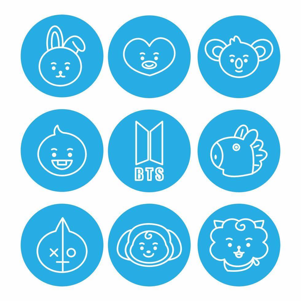 conjunto de iconos bt21 carácter. una caricatura de cara linda. adecuado para papel tapiz de teléfonos inteligentes, impresiones, afiches, volantes, tarjetas de felicitación, etc. vector