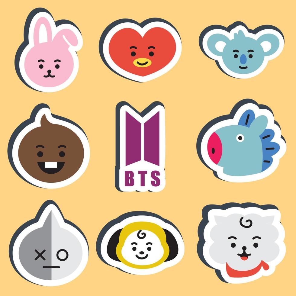 conjunto de iconos bt21 carácter. una caricatura de cara linda. adecuado para papel tapiz de teléfonos inteligentes, impresiones, afiches, volantes, tarjetas de felicitación, etc. vector