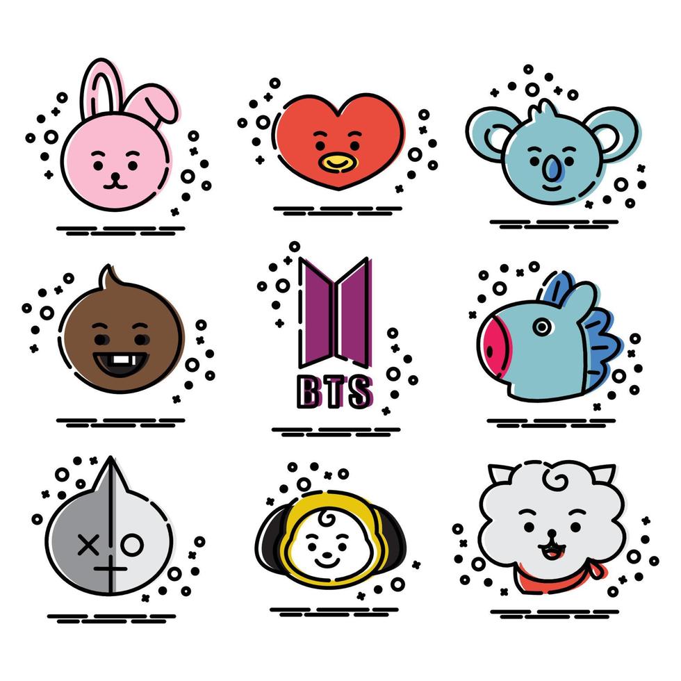 conjunto de iconos bt21 carácter. una caricatura de cara linda. adecuado para papel tapiz de teléfonos inteligentes, impresiones, afiches, volantes, tarjetas de felicitación, etc. vector