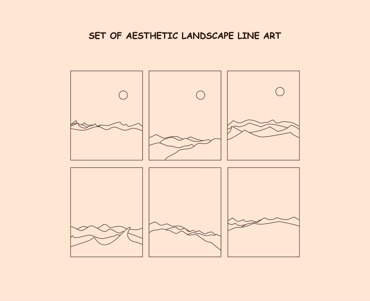 set of aesthetic landscape line art vector