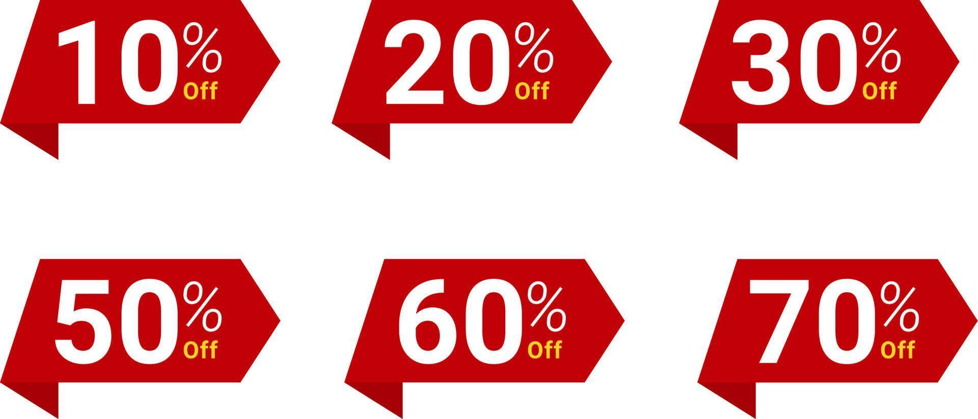 Discount label special offers with discount percentages vary from. 10, 20, 30, 50, 60 and 70 percent off price reduction promotion badge emblem design set vector illustration isolated