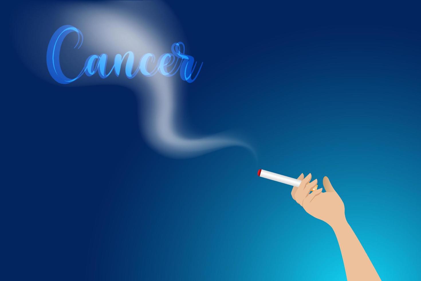 Smoking caused cancer, stop smoking for health concept. Hand holding cigarette with smoke and word Cancer. World no tobacco day, bad habit and unhealthy lifestyle. vector