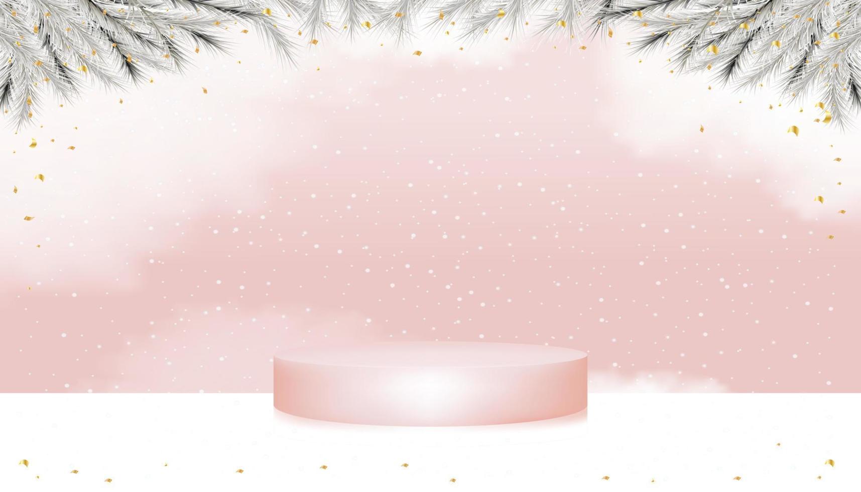 Podio de pedestal de pantalla 3d con ramas de árboles de navidad y elementos dorados con nieve sobre fondo rosa, concepto de diseño vectorial para tarjeta de navidad. telón de fondo para año nuevo, venta de vacaciones de invierno, promoción vector