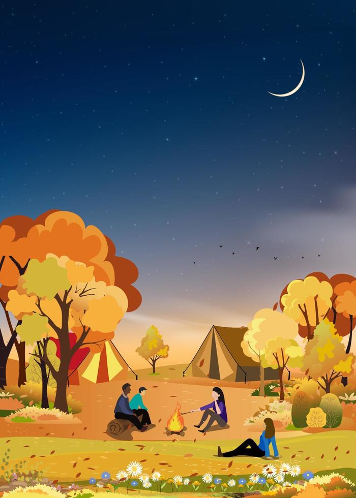 vacaciones familiares acampando en el campo en otoño. gente sentada cerca de la fogata divirtiéndose hablando juntos, paisaje vectorial vertical árbol forestal de otoño por la noche con luna creciente, estrella en el cielo azul oscuro vector