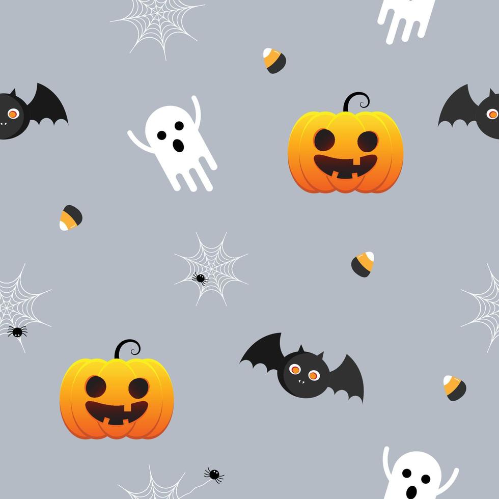 Halloween seamless pattern with pumpkin jack o lantern, ghost, bat, spider web in gray background. Halloween greeting cards. holiday season wallpaper, gift paper, pattern fills, web page background. vector