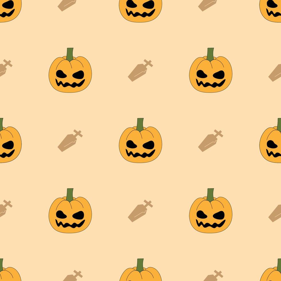 Halloween seamless pattern with pumpkin jack o lantern and tomb in Orange background. Halloween greeting cards. holiday season wallpaper, gift paper, pattern fills, web page background. vector