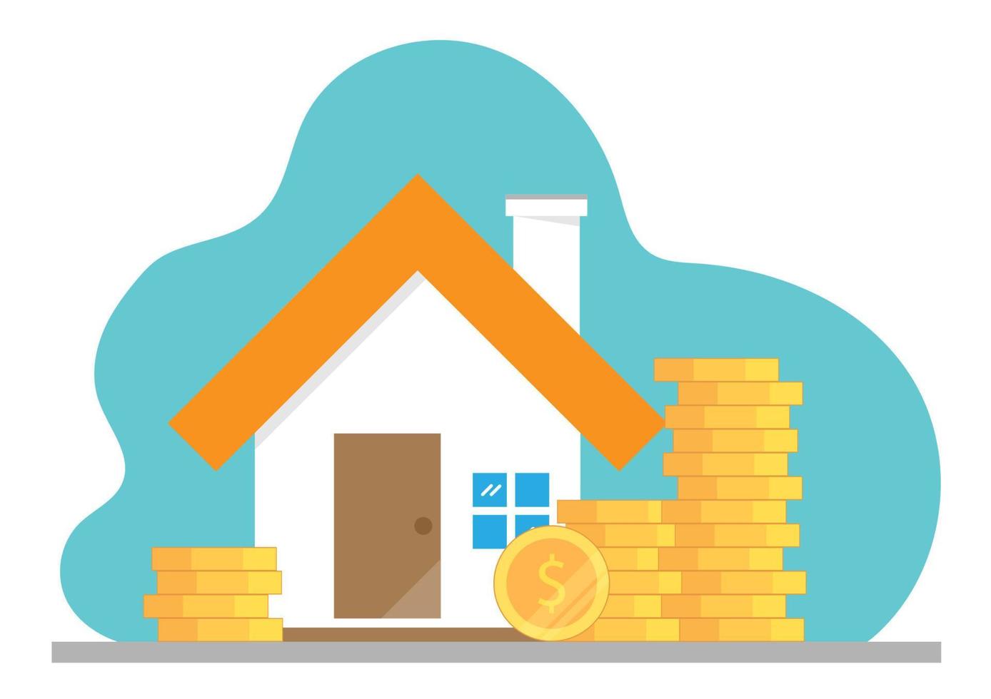 Real estate concept. Vector illustration flat design. House and stack of coins. Isolated on white background. Save money for home, loan, mortgage and investment property.