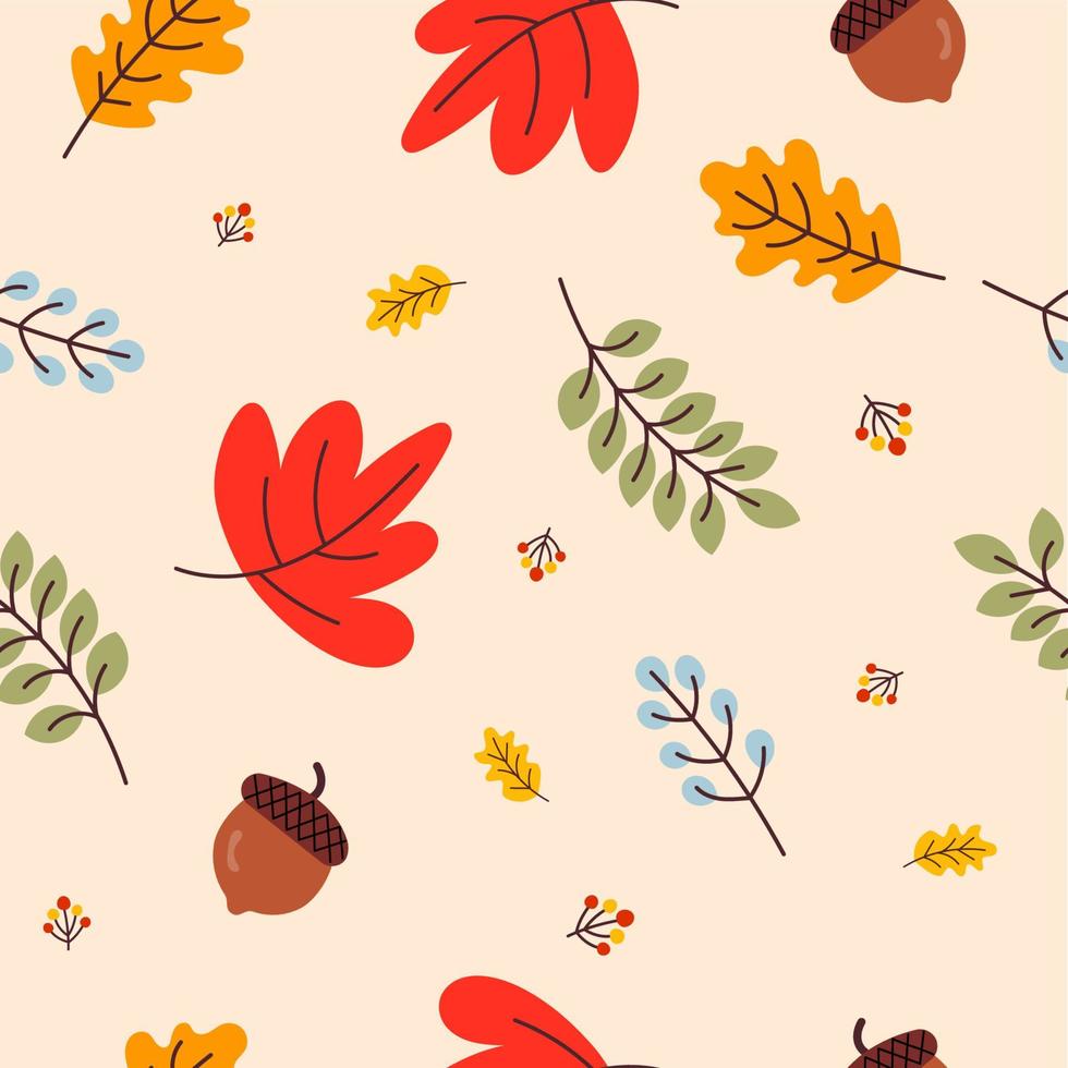 Autumn seamless pattern with acorns , oak leaves and maple in Orange, Beige, Brown, Yellow, Red and Green. autumn greeting cards. Fall season wallpaper, gift paper, pattern fills, web page background. vector
