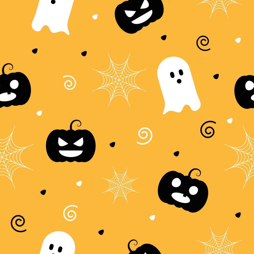 patrón sin costuras de halloween con jack o linterna de calabaza, fantasma, telaraña en fondo naranja. tarjetas de felicitación de halloween. papel tapiz de temporada navideña, papel de regalo, rellenos de patrón, fondo de página web. vector