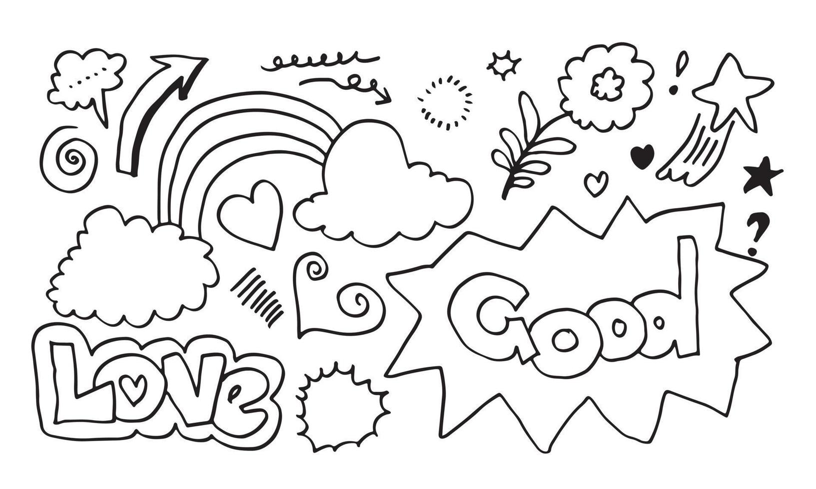 Hand drawn set elements, black on white background. cloud,Arrow, heart, love, star,  light, flower,Swishes, swoops, emphasis ,swirl ,speech bubble for concept design. vector