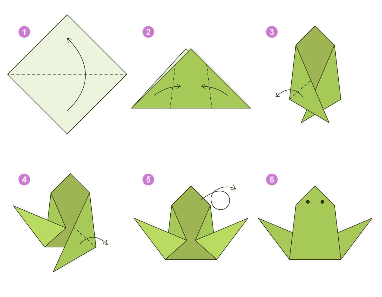 Frog origami scheme tutorial moving model. Origami for kids. Step by step how to make a cute origami frog. Vector illustration.