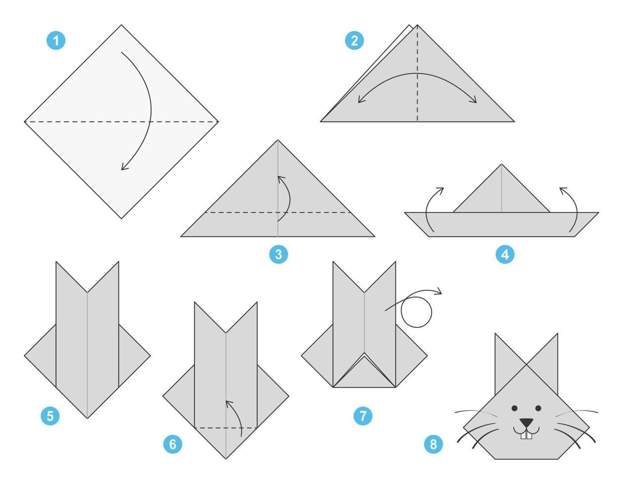 tutorial de esquema de origami de conejo modelo en movimiento. papiroflexia para niños. paso a paso como hacer un lindo conejo de origami. ilustración vectorial vector
