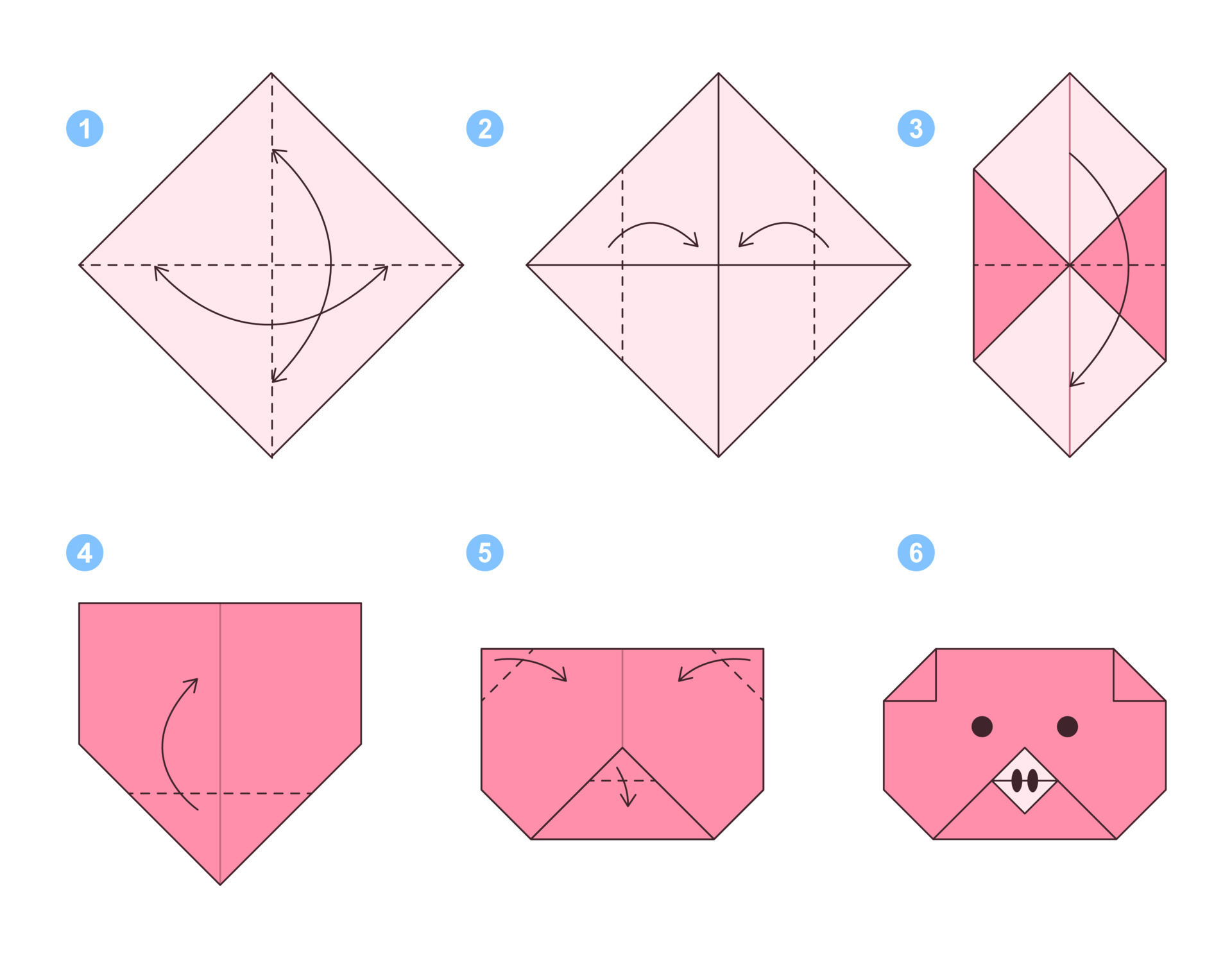 Pig origami scheme tutorial moving model. Origami for kids. Step