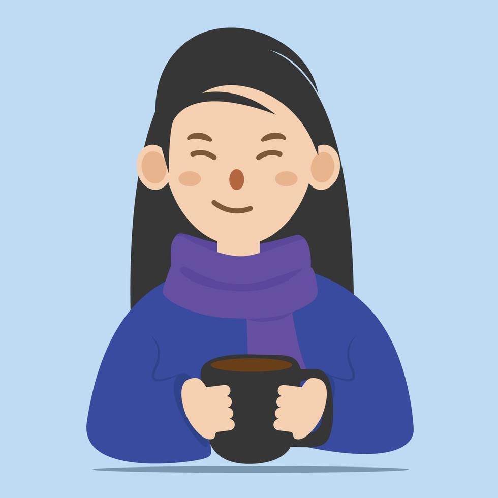 girl with braid holds cup with a hot drink in her hands illustration vector
