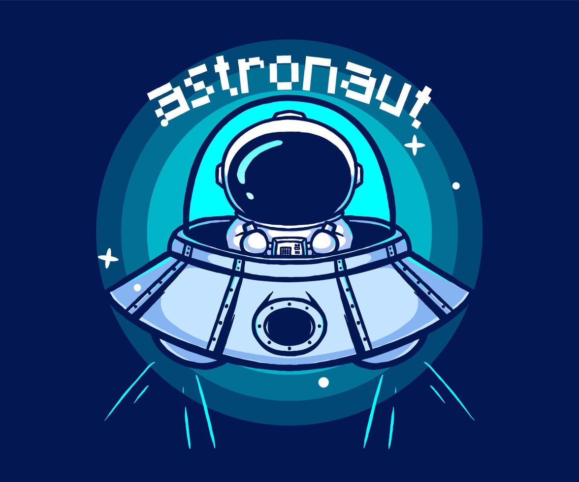Cute Astronaut Driving Spaceship UFO Cartoon Vector Icon Illustration. Science Technology Icon Concept Isolated Premium Vector. Flat Cartoon Style
