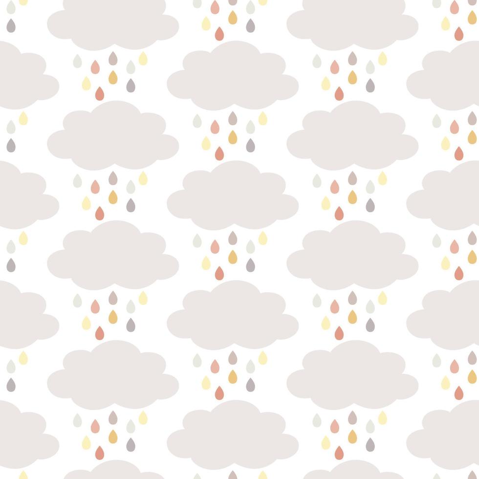 Seamless pattern with clouds and raindrops in neutral, Autumn colours, isolated on white background. Scandinavian, Boho design. Thanksgiving, Fall, celebration,baby shower, nursery decoration. vector