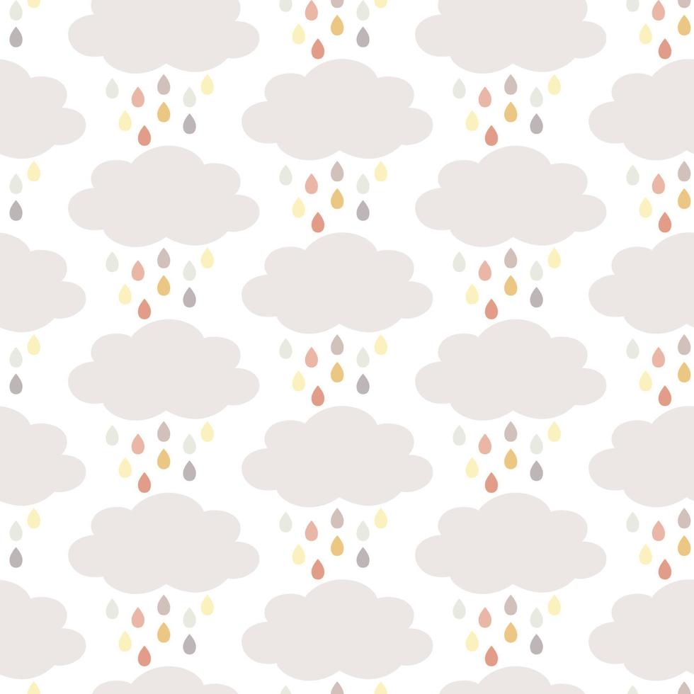 Seamless pattern with clouds and raindrops in neutral, Autumn colours, isolated on white background. Scandinavian, Boho design. Thanksgiving, Fall, celebration,baby shower, nursery decoration. vector