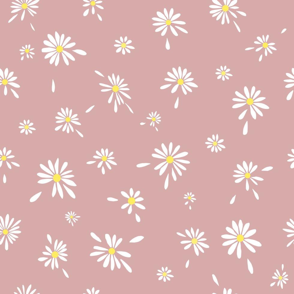 Daisies Pattern for clothes Graphic Vector Print. White daisies seamless vector pattern on a pink background. Daisies in doodle style. Simple daisy flower hand-drawn