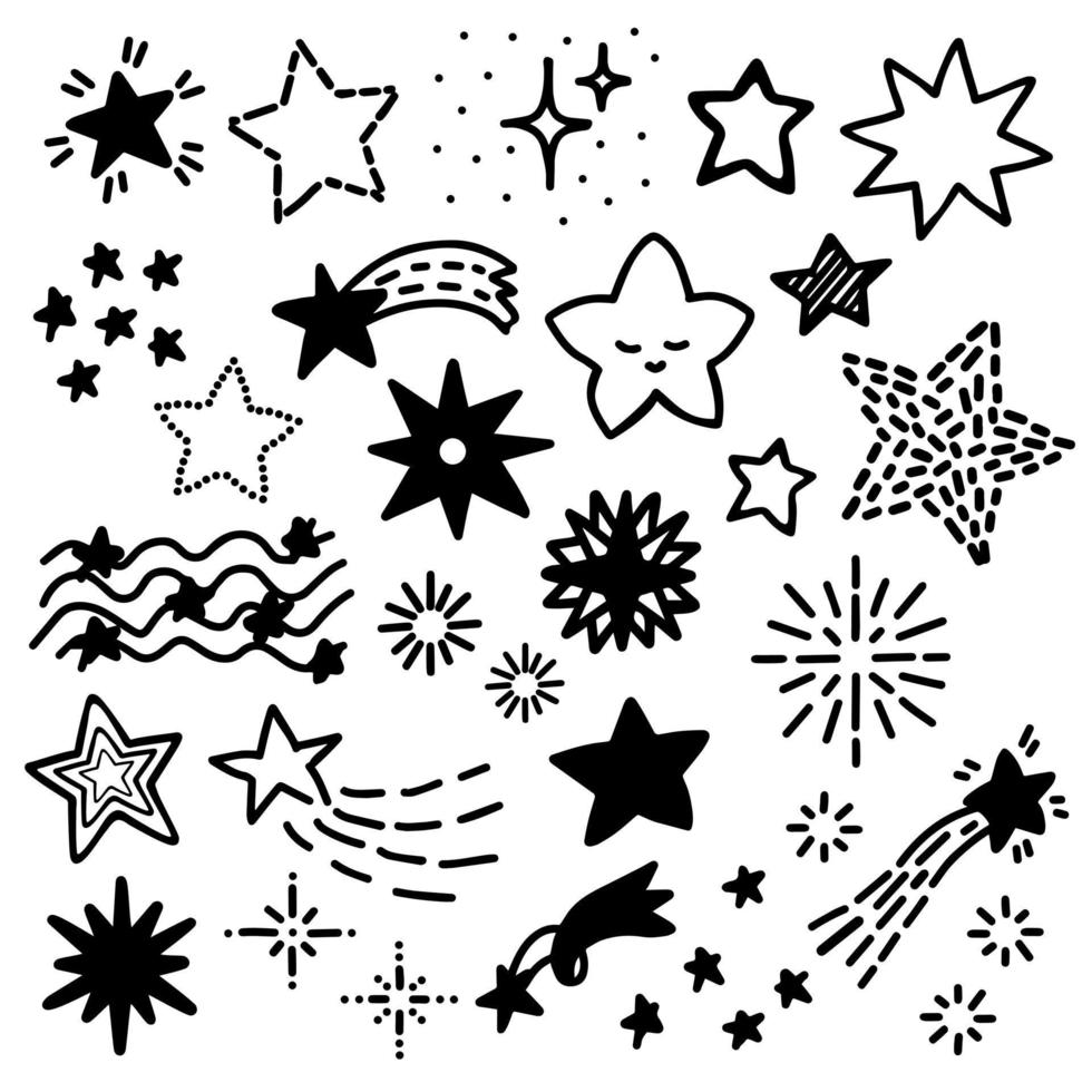 Set of black hand drawn doodle stars. Vector illustration isolated on white background