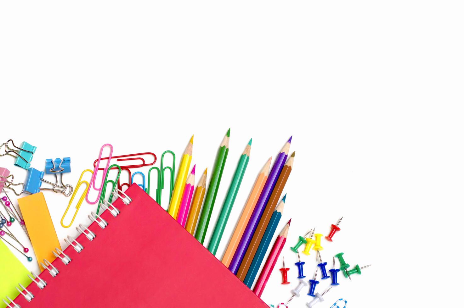 School and office supplies on white background photo