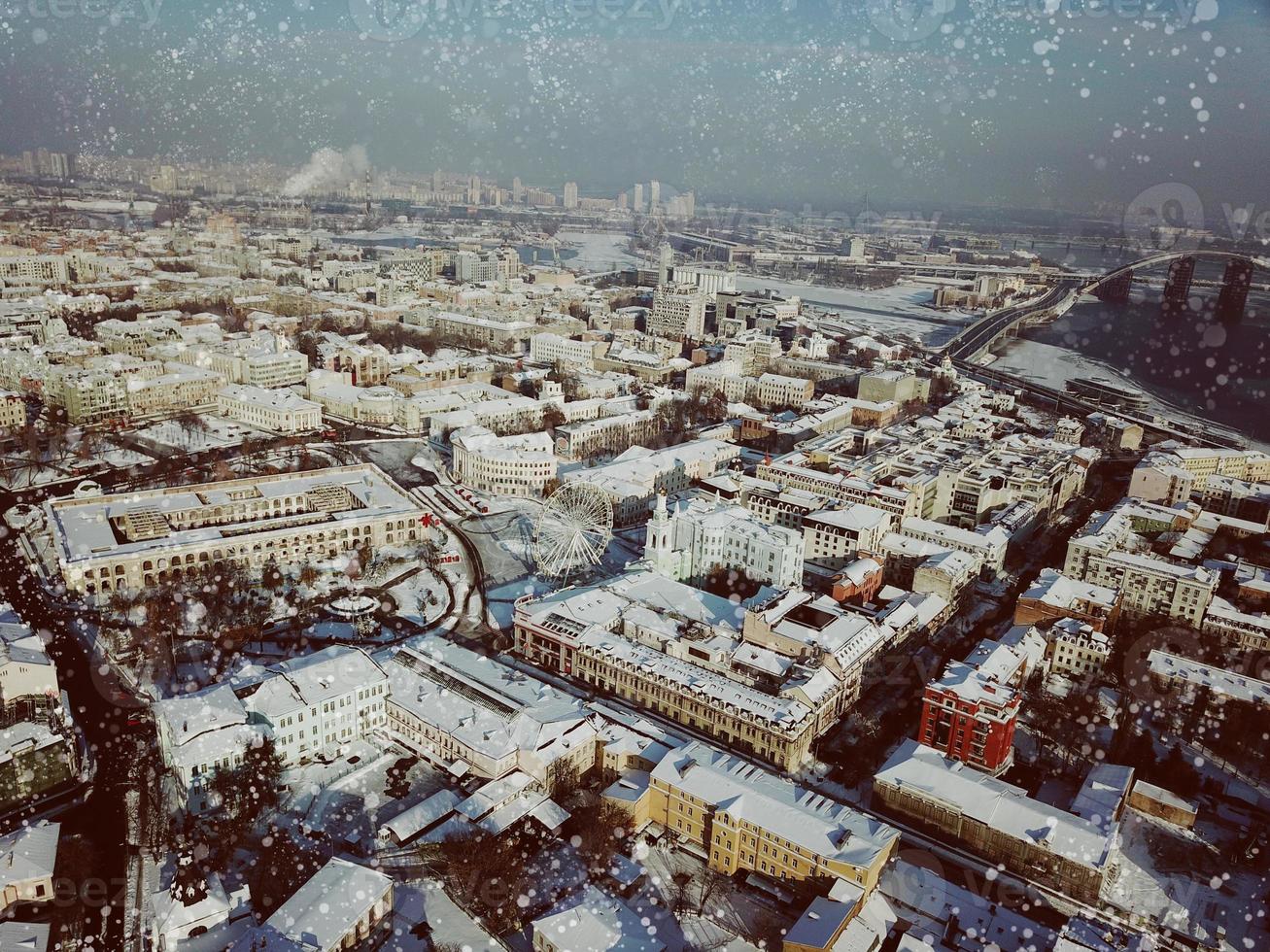 Aerial drone footage. Panorama of podil in kiev photo