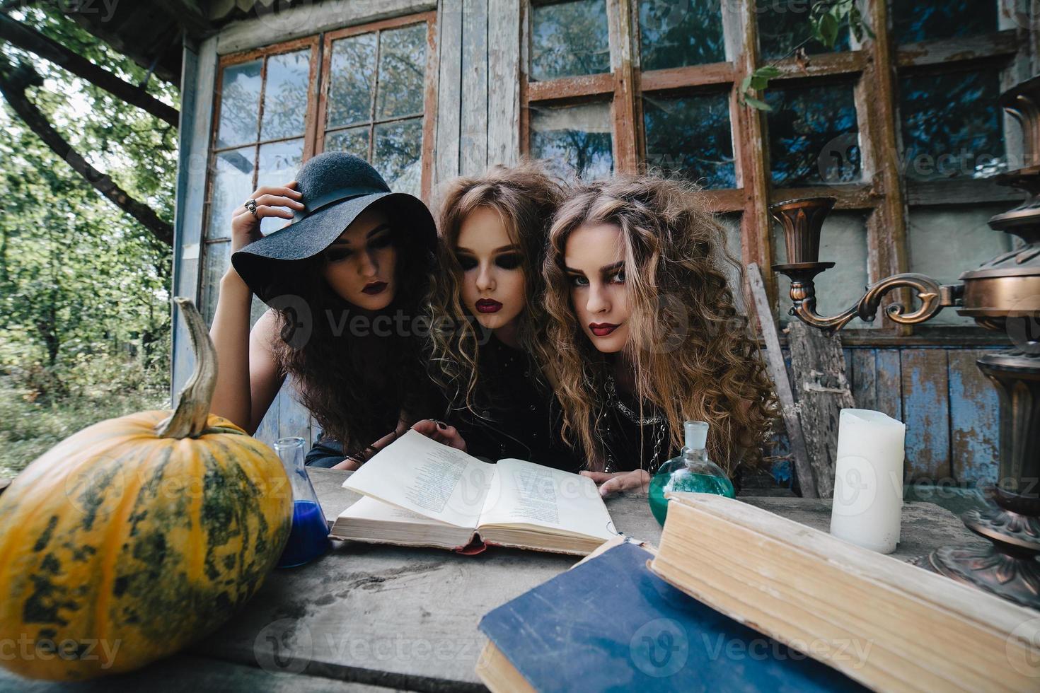 Three vintage witches perform magic ritual photo