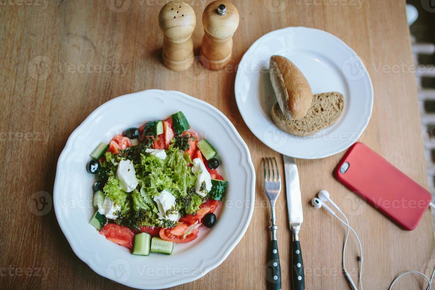 vegetarian breakfast of fresh vegetables, salad and cheese photo