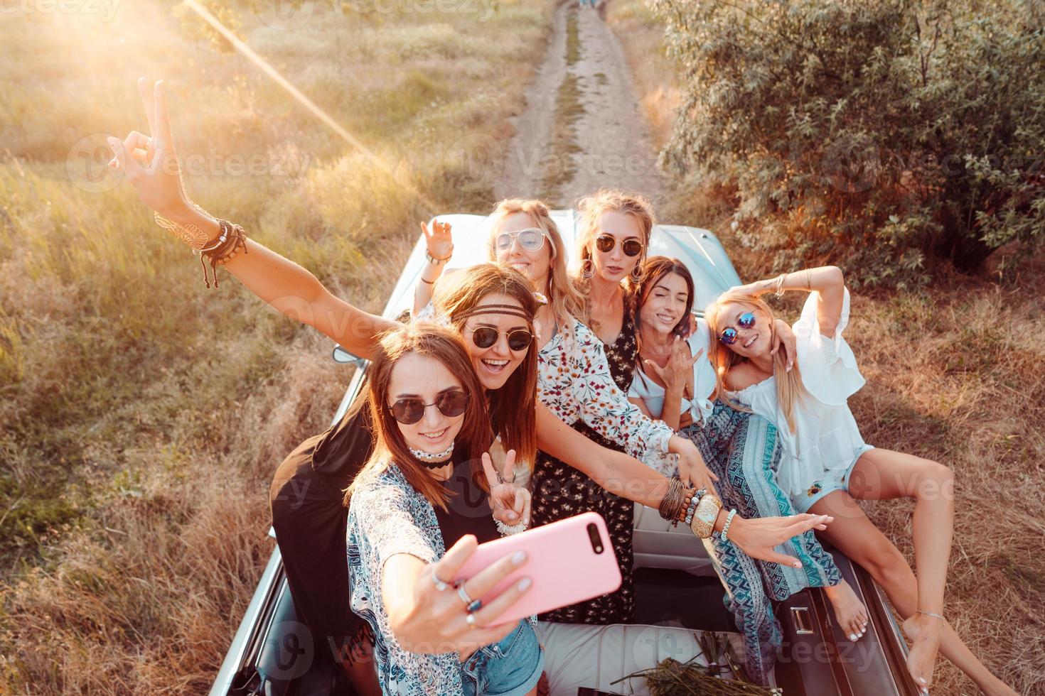 Six beautiful girls make selfie photo