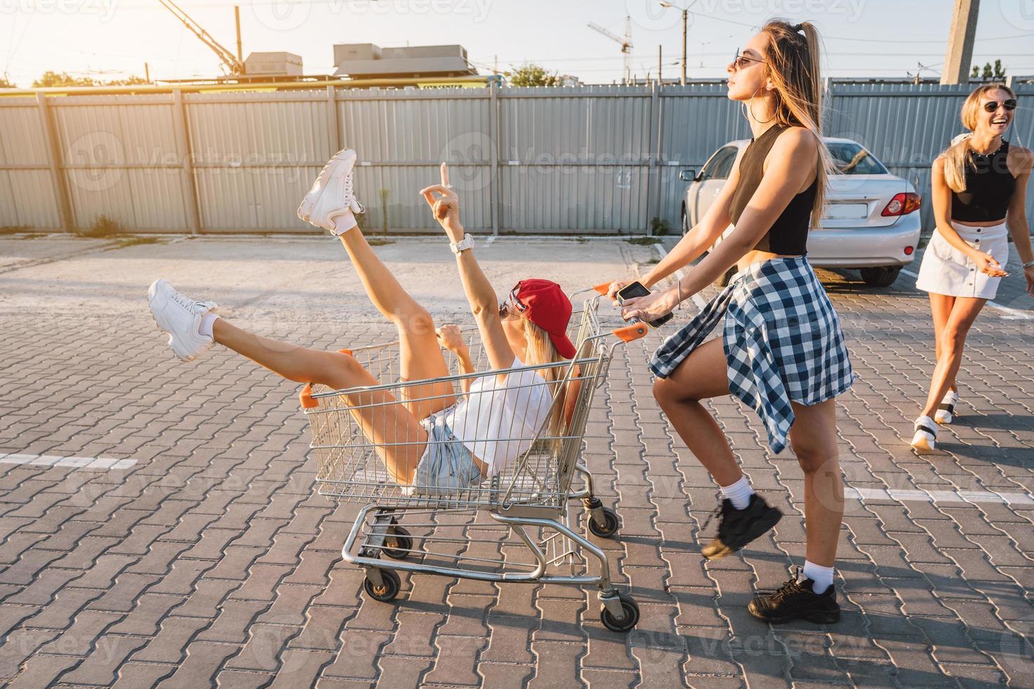 The girl carries her friend in a basket photo