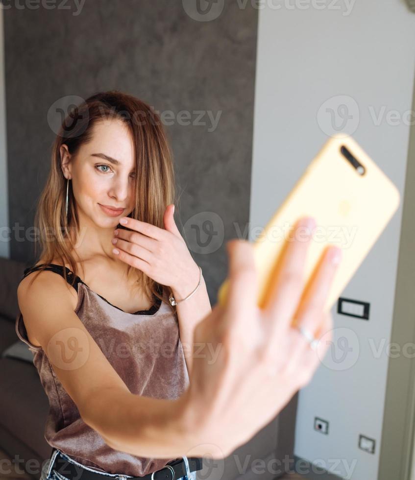 Close up portrait of beautiful cheerful woman photo